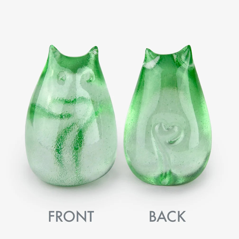Love Cats glass cat in Celadon, front and back