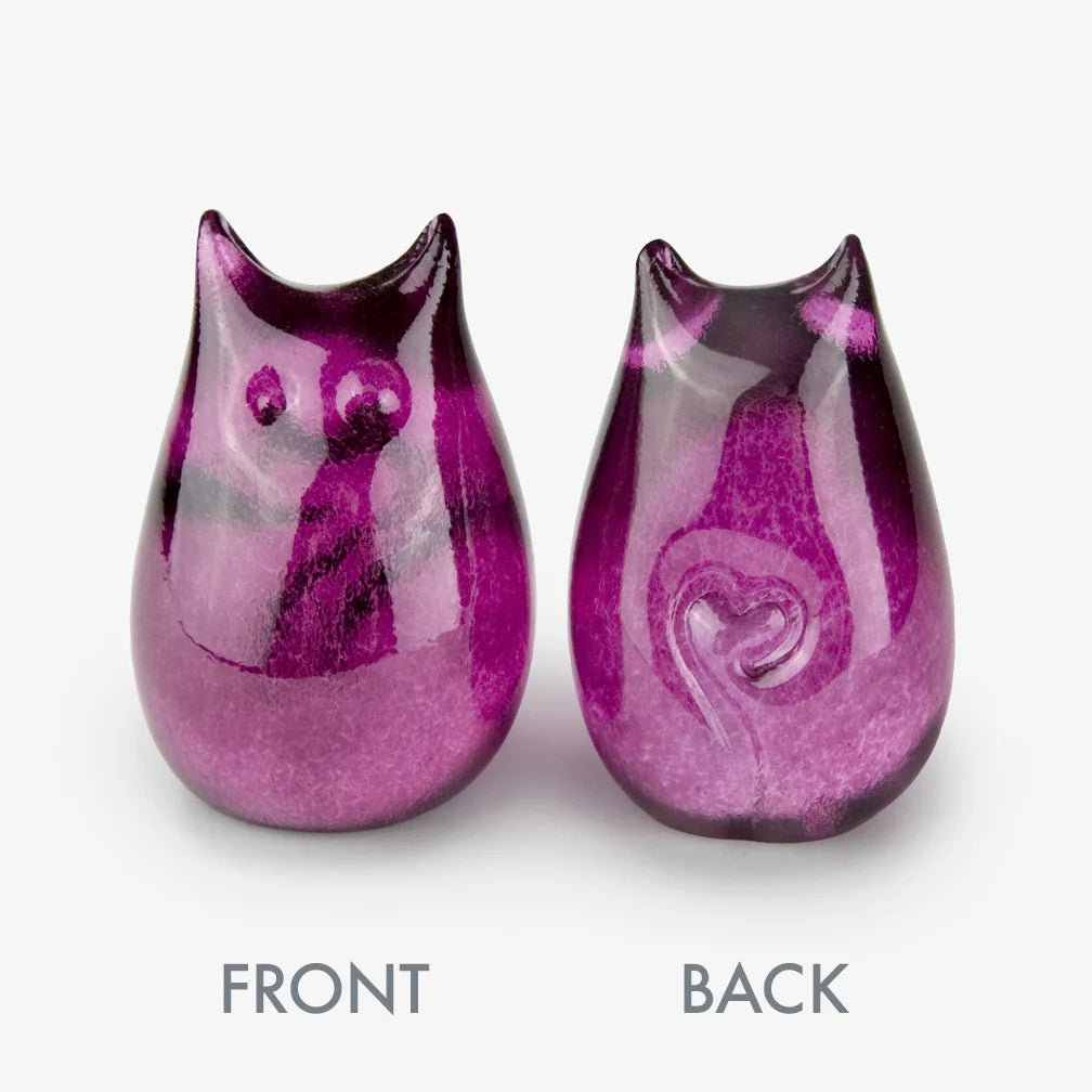 Love Cats glass cat in Orchid, front and back