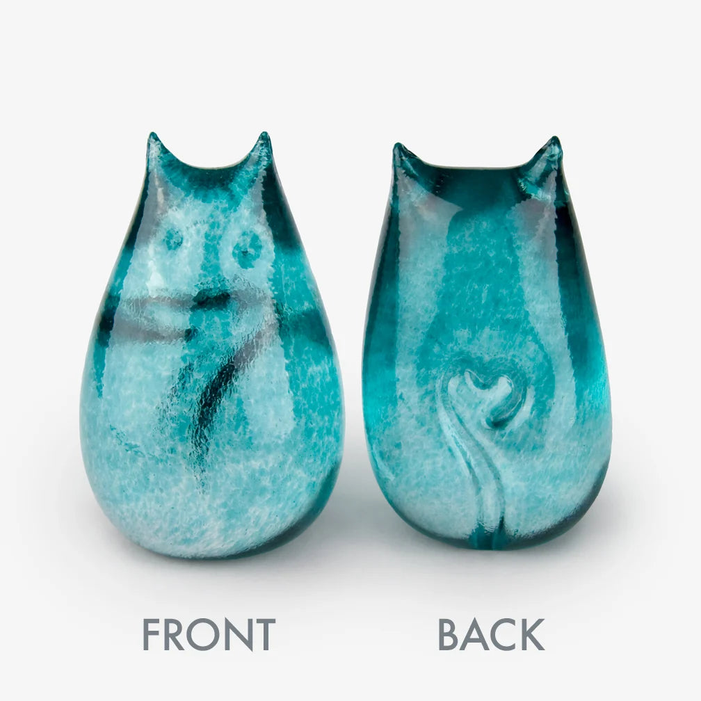 Love Cats glass cat in Teal, front and back